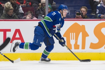 Nov 29, 2022; Vancouver, British Columbia, CAN; Vancouver Canucks forward Nils Hoglander (21) handles the puck  against the Washington Capitals in the third period at Rogers Arena. Washington won 5-1. Mandatory Credit: Bob Frid-USA TODAY Sports