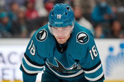 Mar 2, 2023; San Jose, California, USA; San Jose Sharks left wing Andreas Johnsson (18) against the St. Louis Blues during the second period at SAP Center at San Jose. Mandatory Credit: Robert Edwards-USA TODAY Sports
