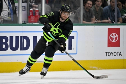 Apr 8, 2023; Dallas, Texas, USA; Dallas Stars center Max Domi (18) in action during the game between the Dallas Stars and the Vegas Golden Knights at American Airlines Center. Mandatory Credit: Jerome Miron-USA TODAY Sports